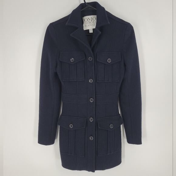 Omo Norma Kamali Navy Button Down Pocket Wool Silk Coat 8 - Picture 1 of 9